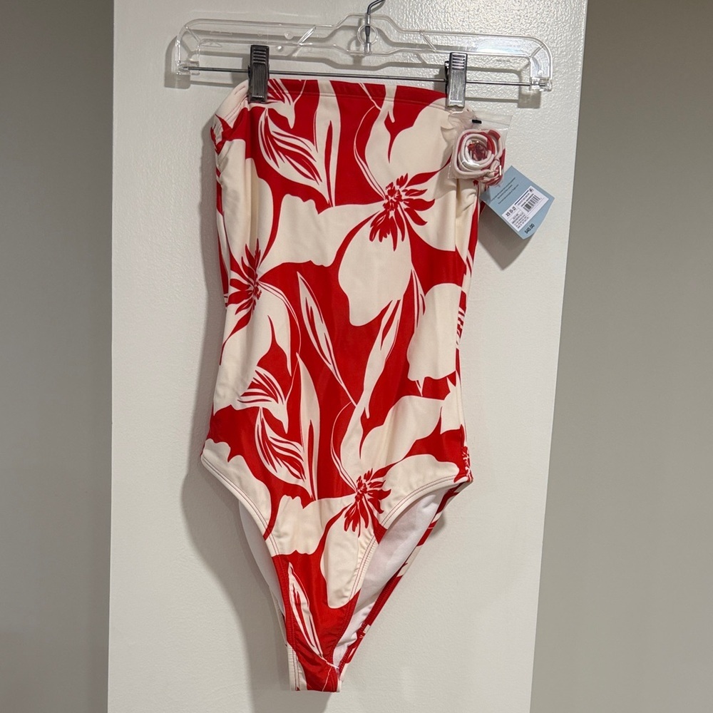 Shade & Shore Red White Floral Strapless One-Piece Swimsuit Size 0-2 XS NWT